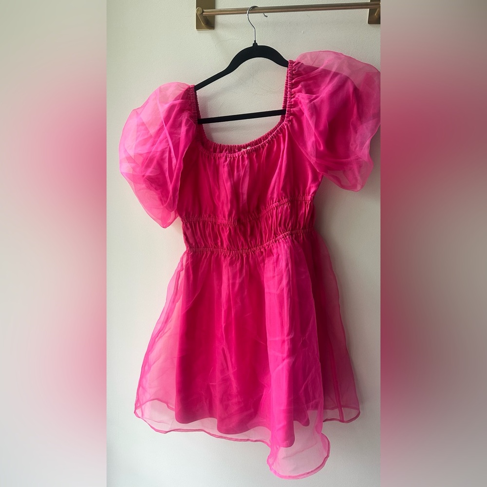 Bibi, Hot Pink Organza Puff Sleeve Mini Dress, Size S | 0216 - Picture 6 of 6